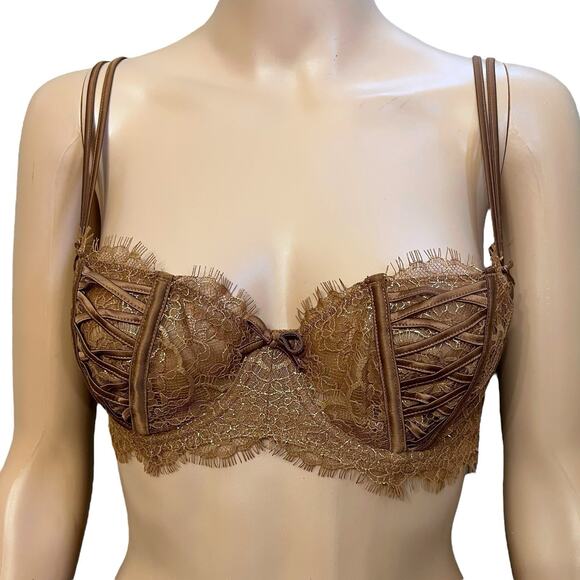 Victorias Secret Push Up Without Padding Bra 34C Brown Metallic Lattice Strappy - Picture 1 of 8